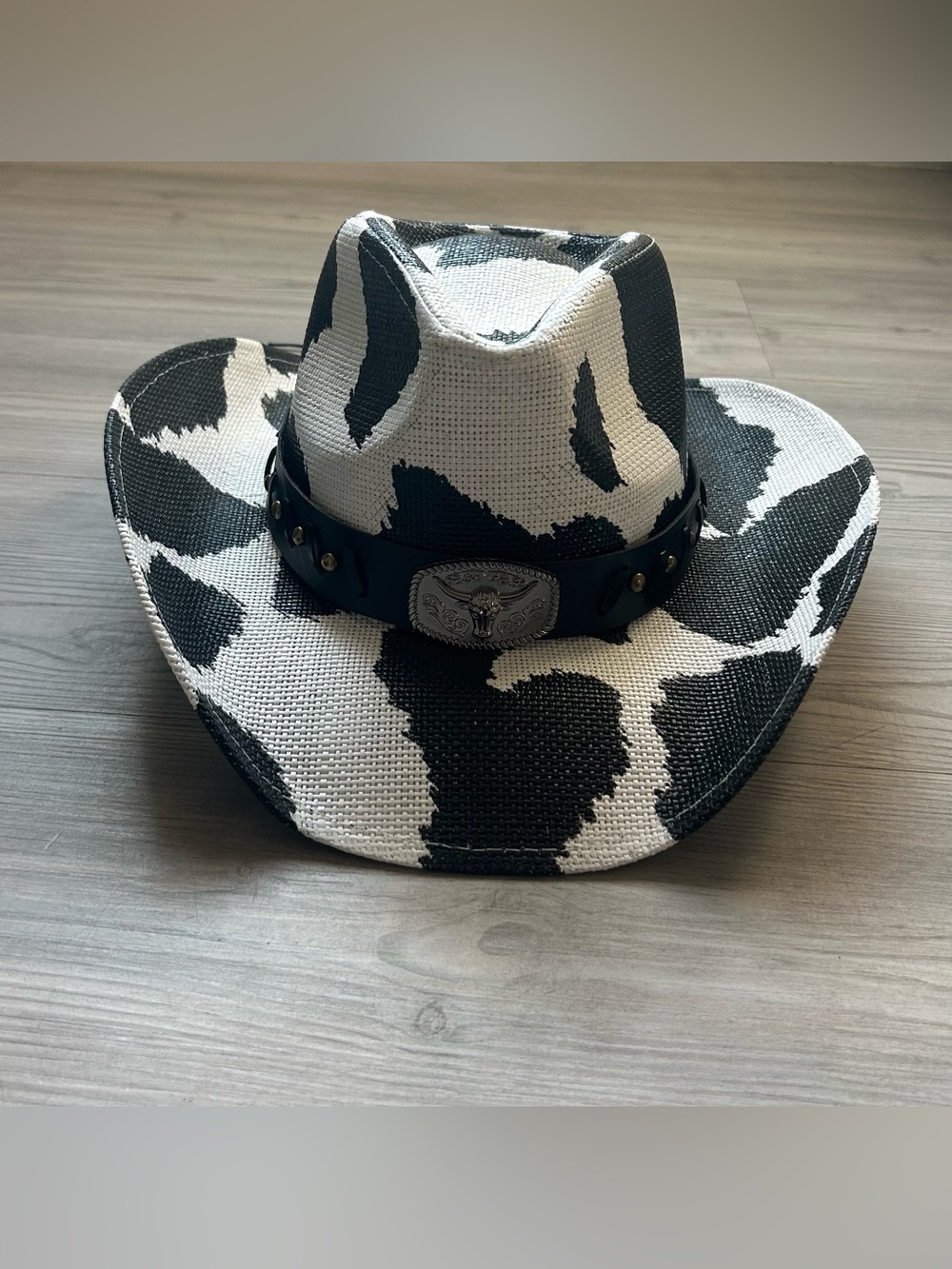 Black & White Cow-Print Straw Cowboy Hat with Decorative Band